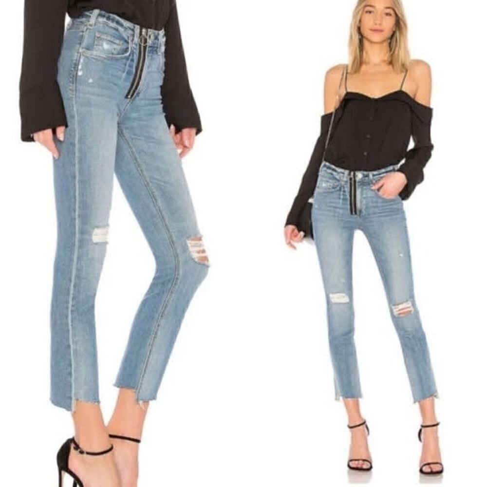 McGuire Vintage Slim Jeans in Vroom Vroom Distressed High Rise Exposed Zipper 30